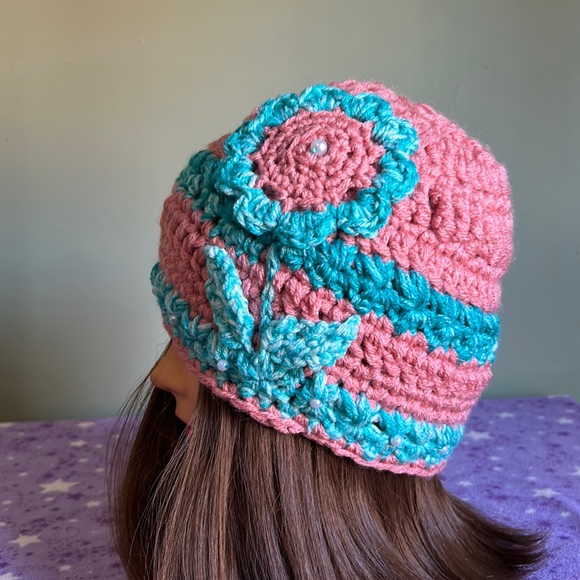 Boheme Accessories - Crochet flower beanie soft warm acrylic yarn medium